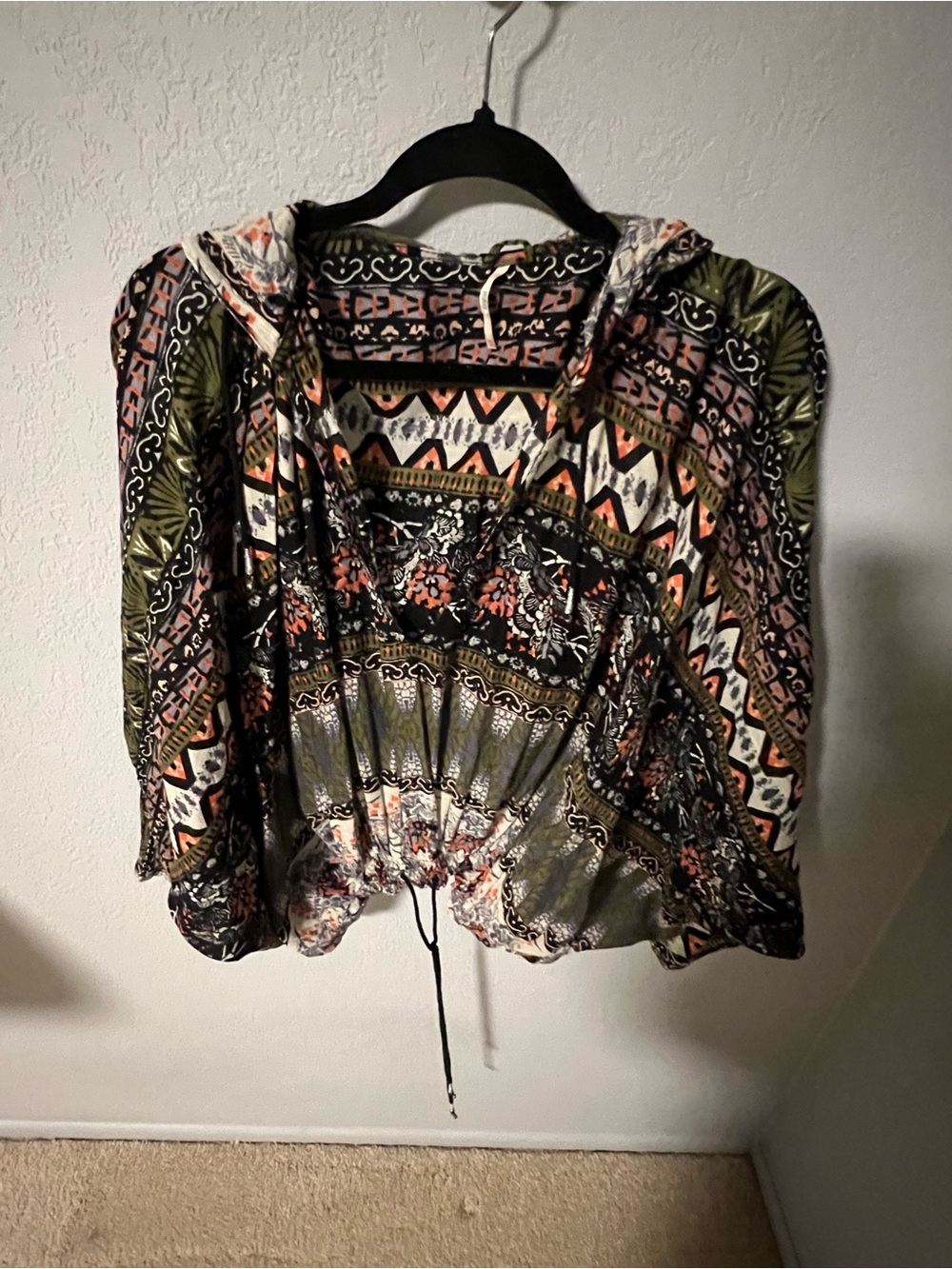 Desigual Olive Multicolor Boho Hooded Cropped Tunic
